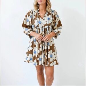 entro Brown Floral Mini Dress with Blue Centers